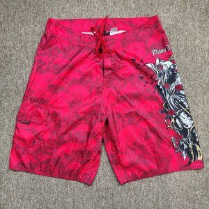 MIAMI INK Board Shorts Men 36 Red Cargo Swim Trunks Skulls Grim Reaper Graphic
